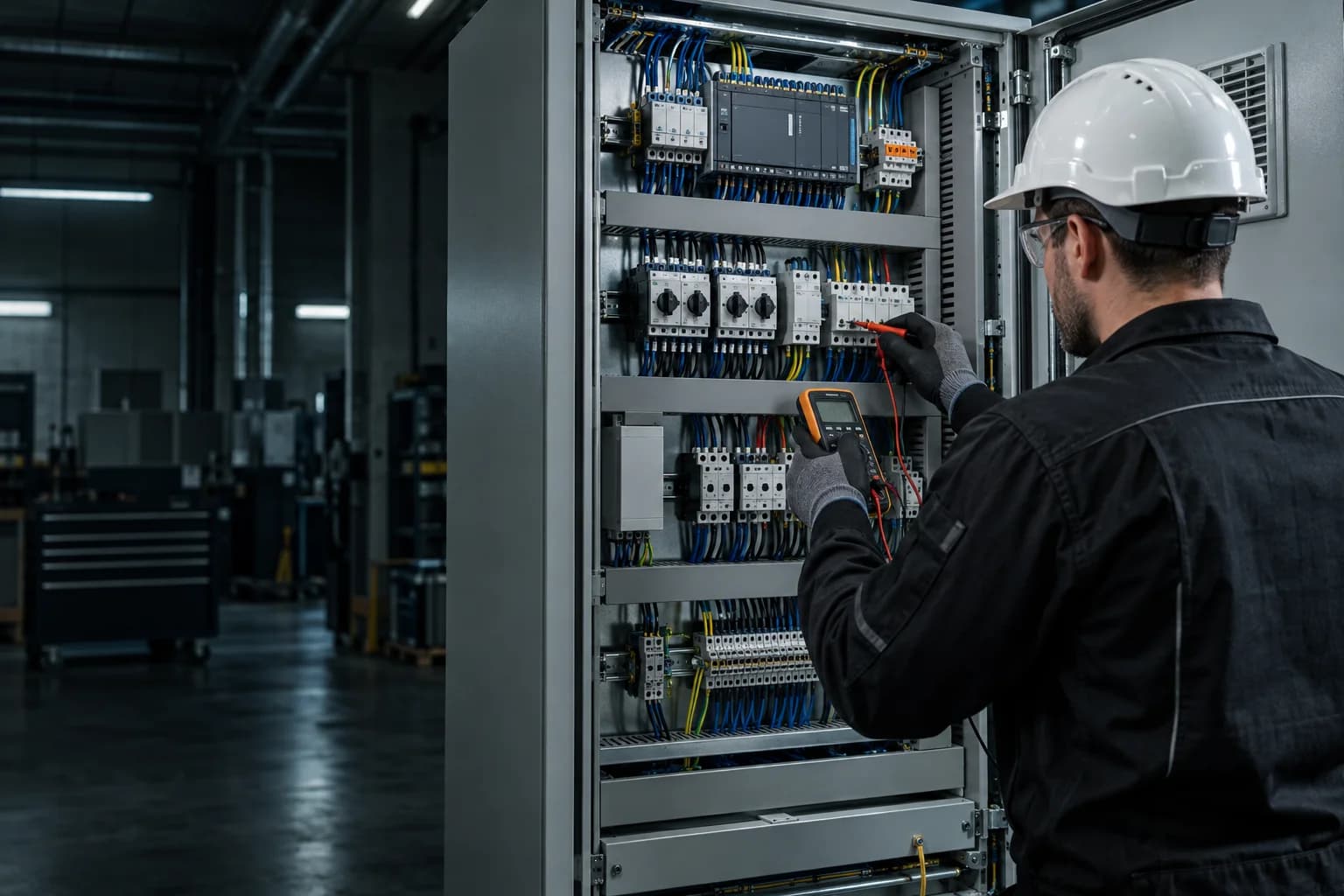 Électricien inspectant une armoire électrique industrielle
